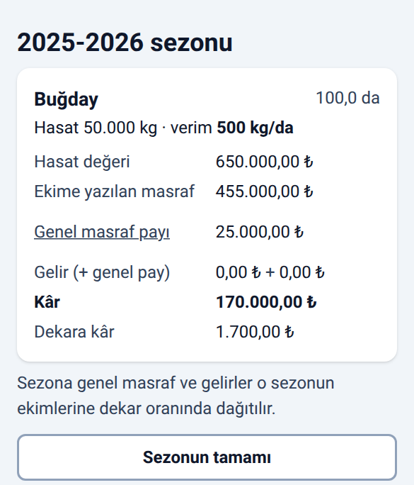 EkimHesap tarla ve hesap ekranı; örnek kayıtlar