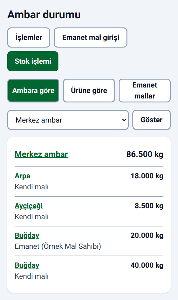 EkimHesap ambar ekranı; örnek kayıtlar